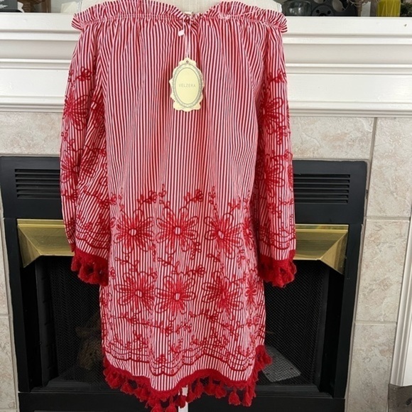 Velzera Pinstripe with Embroidery Tunic/Dress with Bell Sleeves and Tassels - Picture 6 of 15